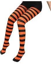 MySouq-Store Women Girls Rainbow and Multicolor Striped Tights Opaque Stockings Full Length Pantyhose for Christmas Halloween Cosplay Traffic striped pant (Orange & Black)-B0DPK3YHLL