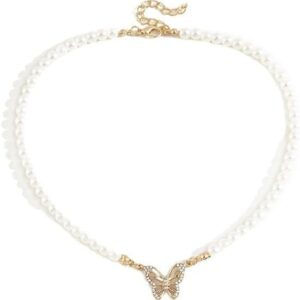 (B0FF29P6RQ) Pearl Chain Choker Necklace for Women Girls 2024 Trend Jewelry Shiny Bowknot Pendant Necklace Bridal Engagement