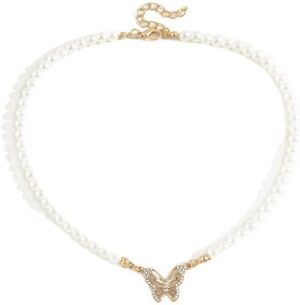 (B0FF29P6RQ) Pearl Chain Choker Necklace for Women Girls 2024 Trend Jewelry Shiny Bowknot Pendant Necklace Bridal Engagement