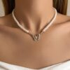 (B0FF29P6RQ) Pearl Chain Choker Necklace for Women Girls 2024 Trend Jewelry Shiny Bowknot Pendant Necklace Bridal Engagement