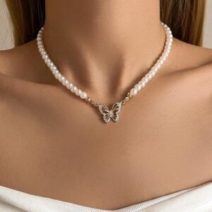 (B0FF29P6RQ) Pearl Chain Choker Necklace for Women Girls 2024 Trend Jewelry Shiny Bowknot Pendant Necklace Bridal Engagement