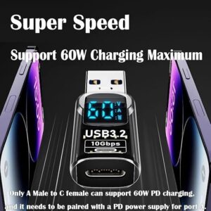 (B0FDQDVGY3) 1PCS Digital LED Display USB 3.2 Adapter 10Gbps 36-60W Power Meter Tester Smart Chip Data Transmission USB C Extension (A-M to A-F Clear)