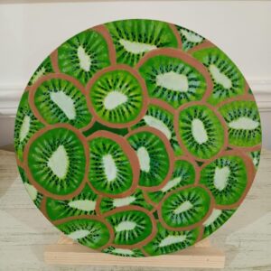 (B0FFFN2V9L)Handmade Circular Canvas Art Print-Vibrant Kiwi Fruit Slice Painting (27cm Diameter) | Modern Kitchen Decor, Unique Wall Art, Ready to Hang | Perfect Gift for Foodies & Home Decor(F001)
