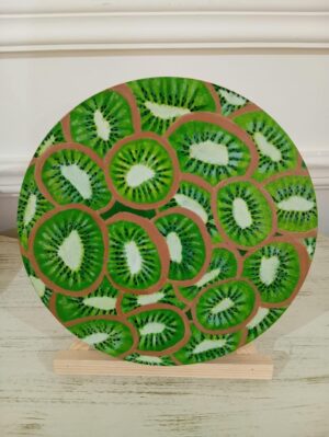 (B0FFFN2V9L)Handmade Circular Canvas Art Print-Vibrant Kiwi Fruit Slice Painting (27cm Diameter) | Modern Kitchen Decor, Unique Wall Art, Ready to Hang | Perfect Gift for Foodies & Home Decor(F001)
