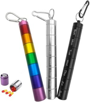 Metal Weekly Pill Box Split within 7 Days Modern Keychain for Bag Strong Tightness Waterproof Medicine Organizer (Silver, With Week Days)-B0F26NCMLT