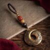 Handcrafted Crescent Moon Charm Keychain, Brass with Wood Beads, Vintage Bronze, Bohemian Style-B0FGW6J4VQ