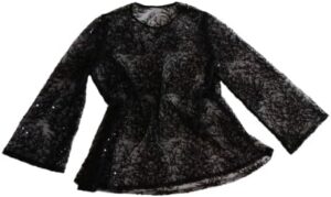 Elegant Women's Black Sequin Lace Blouse - Sheer Long Sleeve Floral Mesh Evening Top - Sparkle Party & Cocktail Shirt - arm 56 Cm - Under Arm 61 cm- Height 75 cm - Shoulder 40 cm,-B0FH5TY21Z
