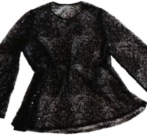 Elegant Women's Black Sequin Lace Blouse - Sheer Long Sleeve Floral Mesh Evening Top - Sparkle Party & Cocktail Shirt - arm 56 Cm - Under Arm 61 cm- Height 75 cm - Shoulder 40 cm,-B0FH5TY21Z