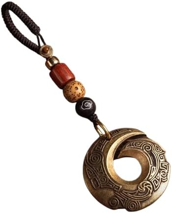 Handcrafted Crescent Moon Charm Keychain, Brass with Wood Beads, Vintage Bronze, Bohemian Style-B0FGW6J4VQ