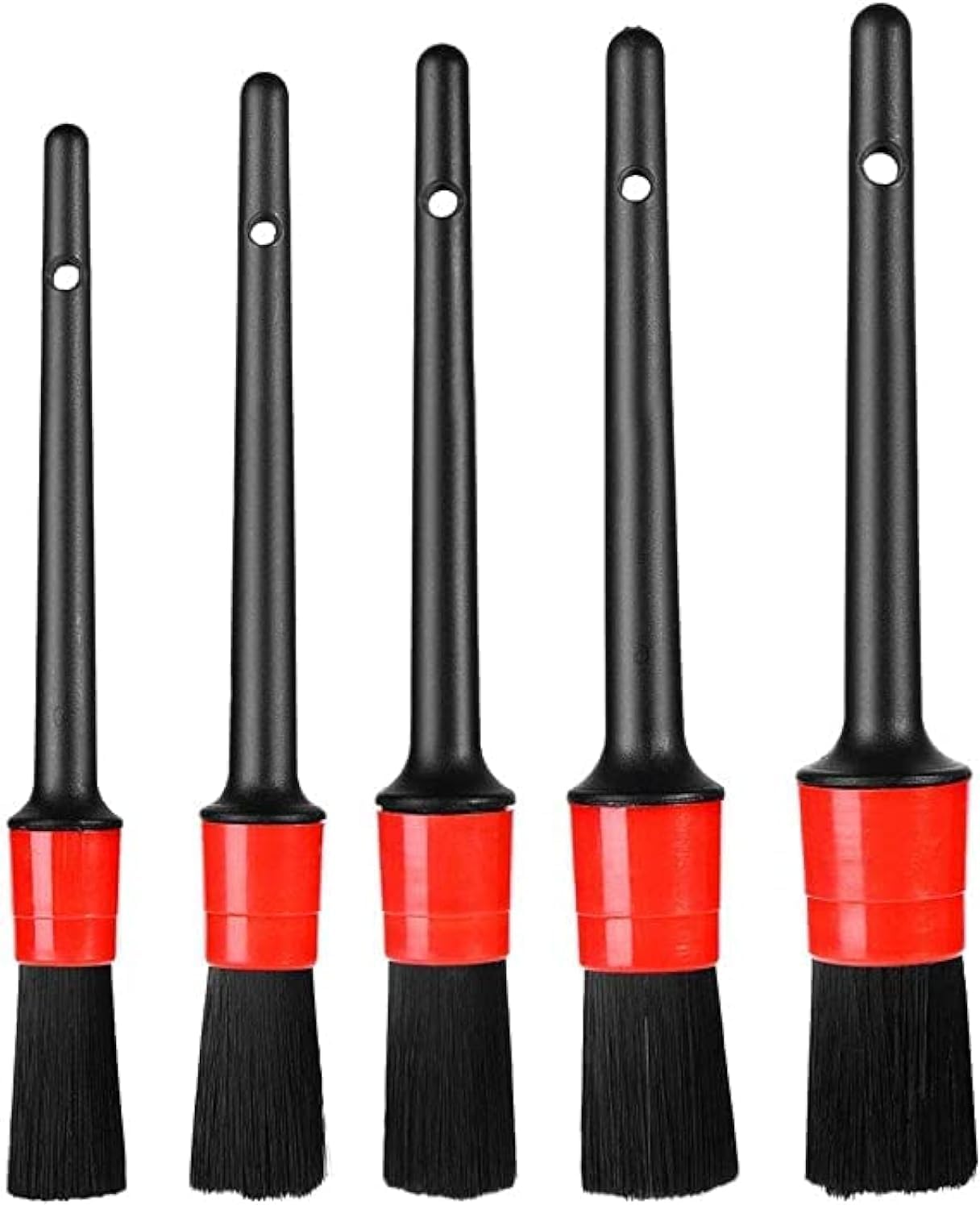 SIZE: 5 different car brush sizes, almost meet all your needs for car cleaning, length enough for easily reaching into the lug nuts, narrow and any other tough to reach areas. NO METAL PARTS-B0FLR9H8QD