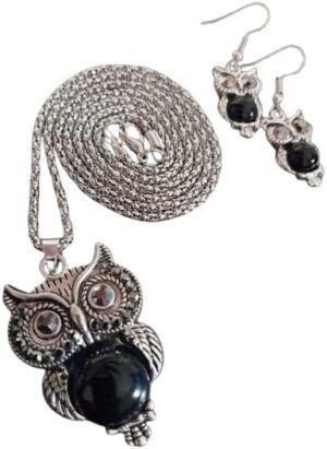 طقم مجوهرات بومة أنيقة للنساء – قلادة وأقراط بأحجار سوداء 1 قطعة-B0FPMD9BCT