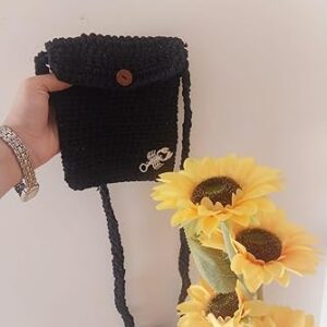 (قطعة واحدة) حقيبة كروس بودي كروشيه يدوية الصنع بأزرار خشبية - حقيبة كتف صغيرة 14×18 سم - أسود-B0FSCY7NSZ