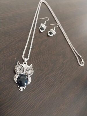 طقم مجوهرات بومة أنيقة للنساء – قلادة وأقراط بأحجار سوداء 1 قطعة-B0FPMD9BCT