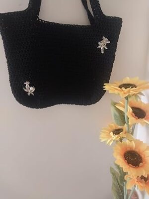 (قطعة واحدة) حقيبة يد كروشيه مطرزة يدويًا - حقيبة كتف كبيرة 30 * 35 سم - أسود-B0FSD2H3KM