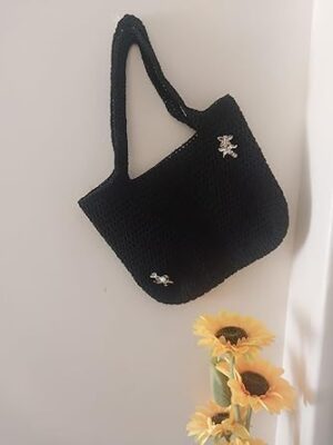 (قطعة واحدة) حقيبة يد كروشيه مطرزة يدويًا - حقيبة كتف كبيرة 30 * 35 سم - أسود-B0FSD2H3KM