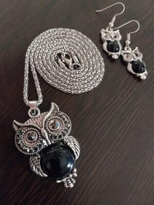 طقم مجوهرات بومة أنيقة للنساء – قلادة وأقراط بأحجار سوداء 1 قطعة-B0FPMD9BCT