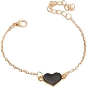 سوار أنيق مطلي بالذهب مع سحر قلب من المينا الأسود - سلسلة بسيطة وقابلة للتعديل - هدية رومانسية مثالية لها-B0FV38982W