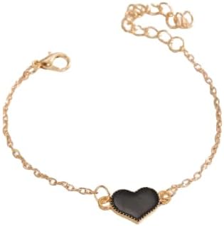 سوار أنيق مطلي بالذهب مع سحر قلب من المينا الأسود - سلسلة بسيطة وقابلة للتعديل - هدية رومانسية مثالية لها-B0FV38982W