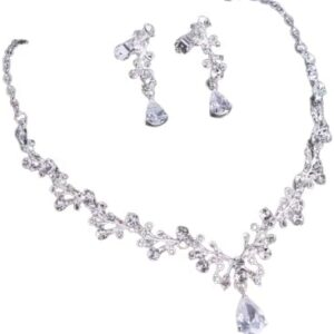 طقم أنيق من قلادة وأقراط من الكريستال المطلي بالفضة للنساء - طقم مجوهرات زفاف بطول 25 سم-B0FV31WJGL