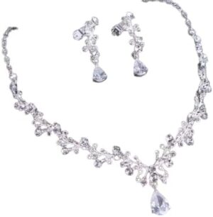 طقم أنيق من قلادة وأقراط من الكريستال المطلي بالفضة للنساء - طقم مجوهرات زفاف بطول 25 سم-B0FV31WJGL