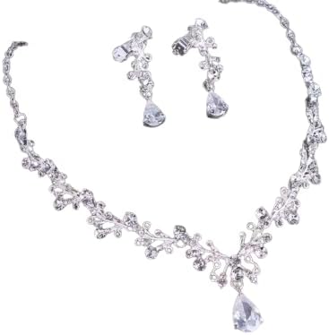 طقم أنيق من قلادة وأقراط من الكريستال المطلي بالفضة للنساء - طقم مجوهرات زفاف بطول 25 سم-B0FV31WJGL