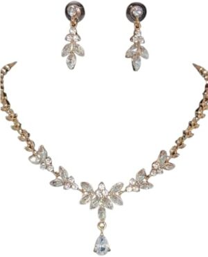 طقم أنيق من قلادة وأقراط من الكريستال المطلي بالذهب للنساء - طقم مجوهرات بتصميم ورقة شجر بطول 25 سم-B0FV2S7Q4C