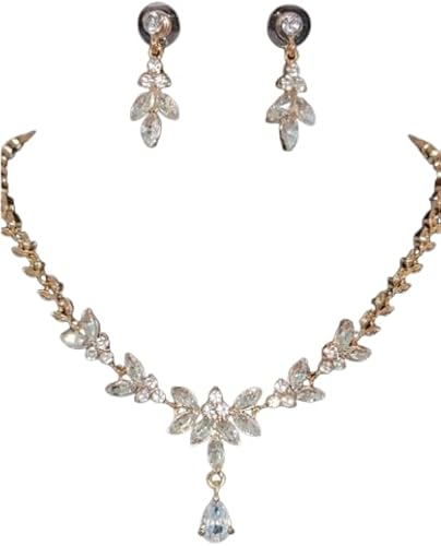 طقم أنيق من قلادة وأقراط من الكريستال المطلي بالذهب للنساء - طقم مجوهرات بتصميم ورقة شجر بطول 25 سم-B0FV2S7Q4C