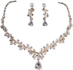 طقم فاخر من قلادة وأقراط من الكريستال المطلي بالذهب للنساء - طقم مجوهرات أنيق بتصميم زهور بطول 25 سم-B0FV2Y46VG