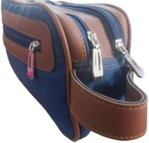 حقيبة سفر فاخرة بحجرتين لمستلزمات العناية الشخصية للرجال والنساء | طقم أدوات زينة أزرق داكن مقاوم للماء مع حواف من الجلد الصناعي البني | أنيقة (24×14 سم)-B0FTX51X8F