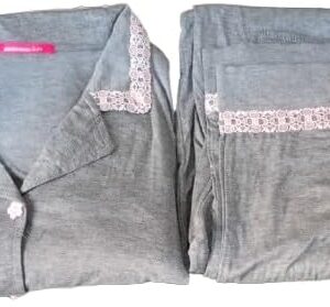 طقم بيجامة نسائي مريح من قطعتين | ملابس نوم قطنية بياقة دانتيل وتفاصيل زهور، مقاس 4 XL-B0FT3DVXVC