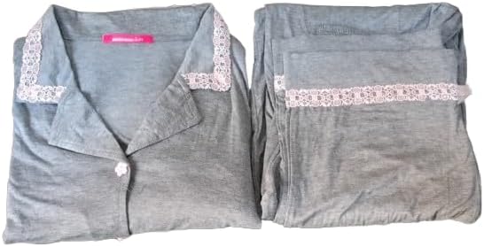 طقم بيجامة نسائي مريح من قطعتين | ملابس نوم قطنية بياقة دانتيل وتفاصيل زهور، مقاس 4 XL-B0FT3DVXVC