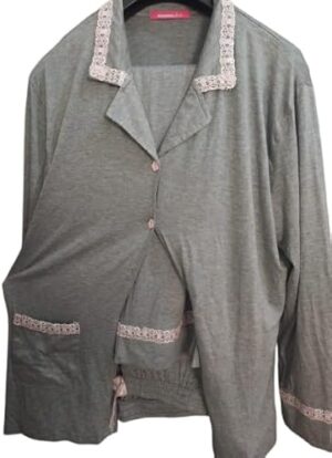 طقم بيجامة نسائي مريح من قطعتين | ملابس نوم قطنية بياقة دانتيل وتفاصيل زهور، مقاس 4 XL-B0FT3DVXVC