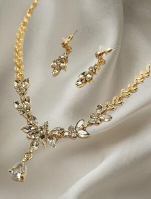 طقم أنيق من قلادة وأقراط من الكريستال المطلي بالذهب للنساء - طقم مجوهرات بتصميم ورقة شجر بطول 25 سم-B0FV2S7Q4C