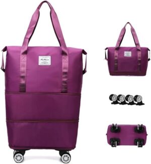 حقيبة بعجلات، حقيبة أمتعة قابلة للطي، حقيبة حمل قابلة للتمدد مع عجلات قابلة للفصل، حقيبة دافل جافة ورطبة للنساء والرجال (أرجواني داكن) 65 × 55 سم-B0FTVCJS6Z