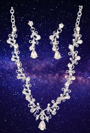 طقم أنيق من قلادة وأقراط من الكريستال المطلي بالفضة للنساء - طقم مجوهرات زفاف بطول 25 سم-B0FV31WJGL