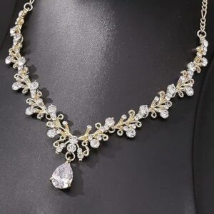طقم فاخر من قلادة وأقراط من الكريستال المطلي بالذهب للنساء - طقم مجوهرات أنيق بتصميم زهور بطول 25 سم-B0FV2Y46VG
