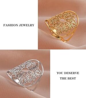 خاتم لاكتون فيليجري، من الفولاذ المقاوم للصدأ، ذهبي وفضي، مقاس قابل للتعديل، طراز باروكي عتيق، نقش زهور هندسي، 24.7 × 18 مم-B0FSXP71MV