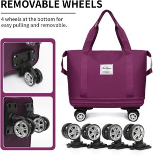 حقيبة بعجلات، حقيبة أمتعة قابلة للطي، حقيبة حمل قابلة للتمدد مع عجلات قابلة للفصل، حقيبة دافل جافة ورطبة للنساء والرجال (أرجواني داكن) 65 × 55 سم-B0FTVCJS6Z