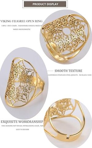 خاتم لاكتون فيليجري، من الفولاذ المقاوم للصدأ، ذهبي وفضي، مقاس قابل للتعديل، طراز باروكي عتيق، نقش زهور هندسي، 24.7 × 18 مم-B0FSXP71MV