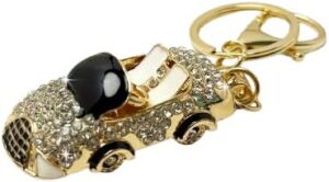 سلسلة مفاتيح فاخرة على شكل سيارة مرصعة بأحجار الراين، لون ذهبي مع لمسات سوداء،