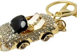 سلسلة مفاتيح فاخرة على شكل سيارة مرصعة بأحجار الراين، لون ذهبي مع لمسات سوداء،