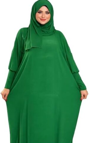 عباية صلاة خضراء (إسدال)  للنساء مع حجاب مطابق  تصميم محتشم وفضفاض، ناعمة ومريحة، مقاس واحد، قطعة واحدة متصلة