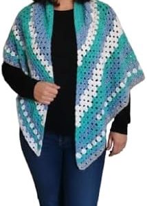 شال كروشيه الجدة مصنوع يدويًا - التفاف مثلث أزرق وأبيض وأزرق عرض 150، طول 84-B0G4RNJZ31