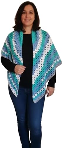 شال كروشيه الجدة مصنوع يدويًا - التفاف مثلث أزرق وأبيض وأزرق عرض 150، طول 84-B0G4RNJZ31