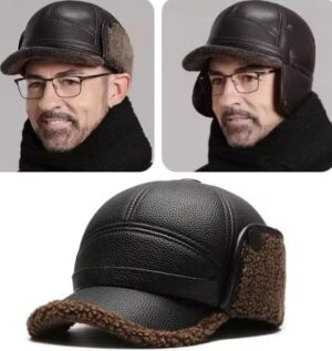 قبعة رجالية من الجلد الصناعي بتصميم صياد مع أغطية للأذنين قبعة شتوية مبطنة بصوف دافئ