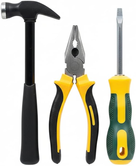مجموعة أدوات منزلية أساسية ٣ في ١ مطرقة مخلبية، كماشة طويلة الأنف، مفك براغي مسطح | أدوات يدوية متينة