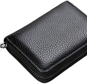 حافظة بطاقات صغيرة بسحاب - محفظة جلدية من البولي يوريثان بعشرة فتحات لبطاقات الهوية والائتمان والبطاقات الذكية، لون أسود-B0G4K48ZMH