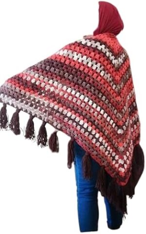 شال كروشيه أنيق مصنوع يدوياً | شال دافئ للخريف والشتاء. اللون: بني مع لمسات من اللون الأحمر والعاجي. العرض: 180 سم، الطول: 90 سم-B0G4MY64L9