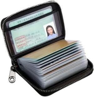 حافظة بطاقات صغيرة بسحاب - محفظة جلدية من البولي يوريثان بعشرة فتحات لبطاقات الهوية والائتمان والبطاقات الذكية، لون أسود-B0G4K48ZMH