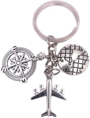 سلسلة مفاتيح معدنية على شكل طائرة وكرة أرضية، مثالية كهدية، فضية، مقاس واحد-B0G4JZ36X5